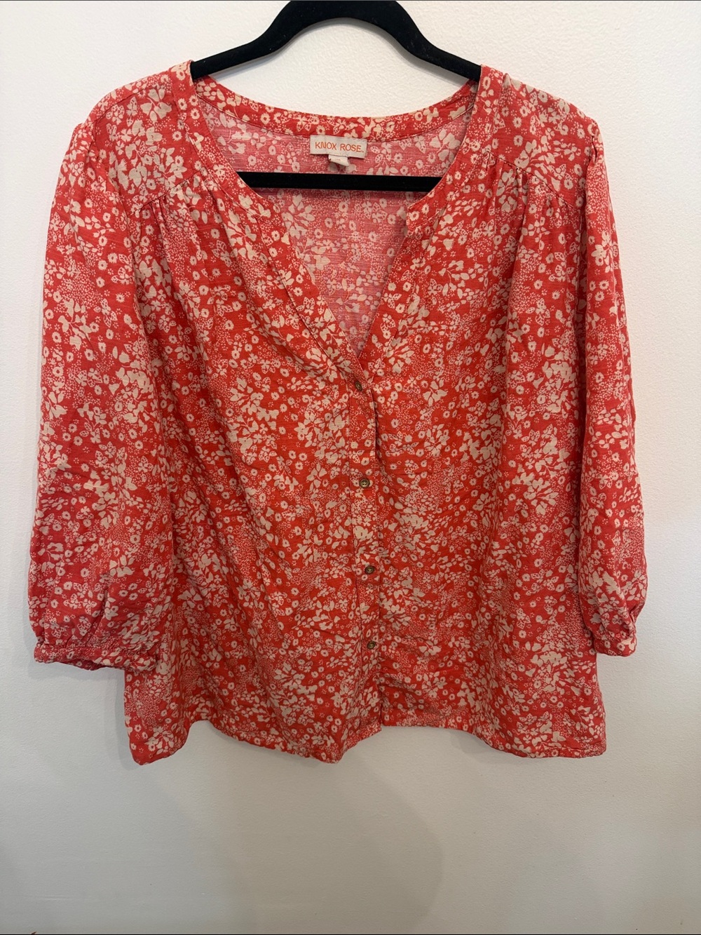 Knox Rose Coral-Red Floral Button Front Blouse